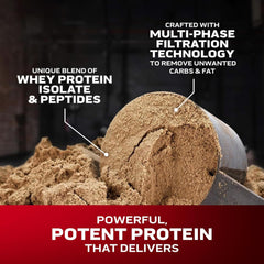 Muscletech chocolate whey protein powder UAE scoop of brown powder showing isolate and filtration technology