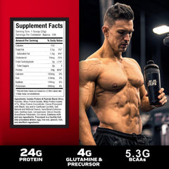 Muscletech whey protein powder UAE label with supplement facts and a muscular man holding a shaker showing 24g protein 5.3g BCAAs