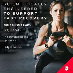 Muscletech whey protein powder UAE ad showing woman doing kettlebell workout with recovery benefits listed