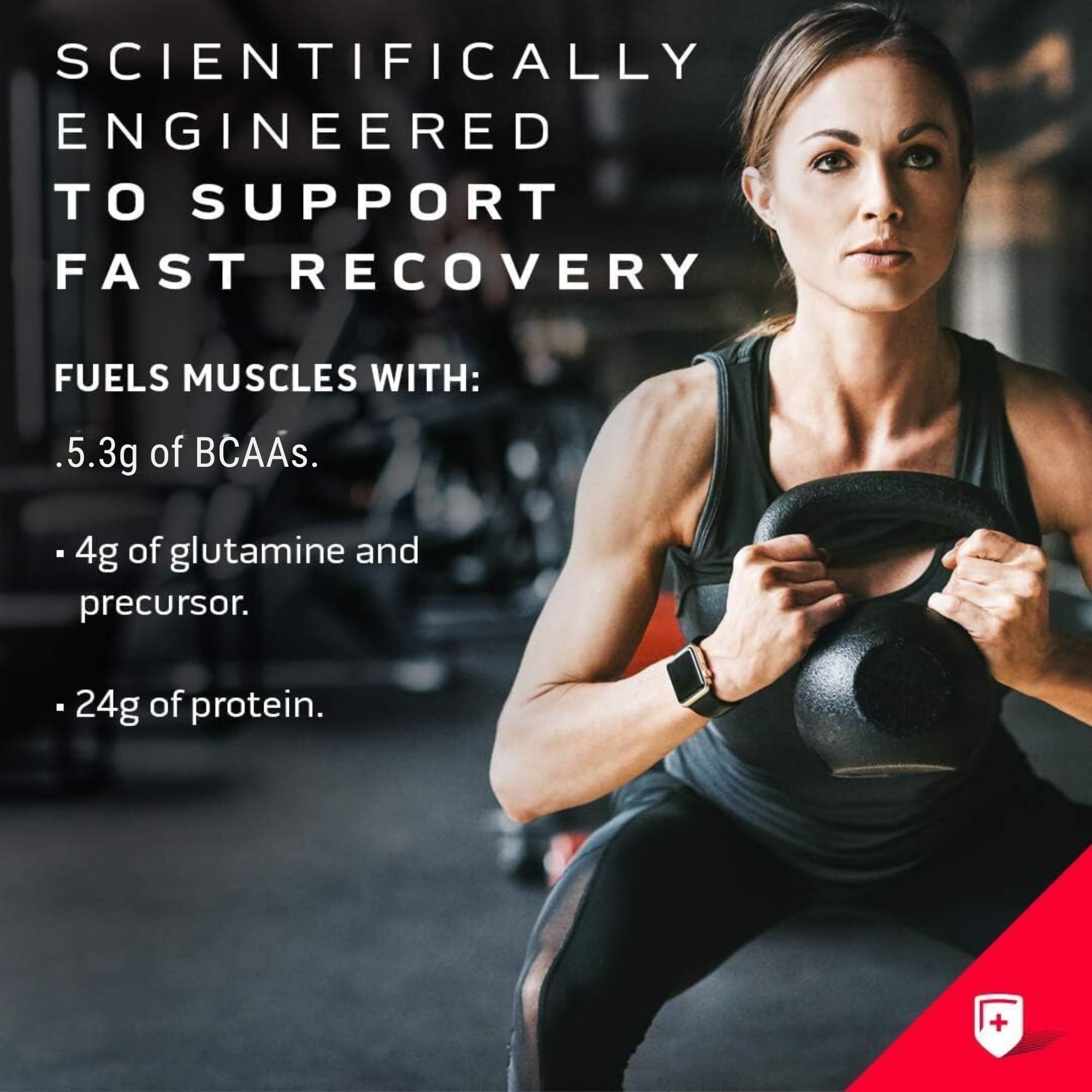 Muscletech whey protein powder UAE ad showing woman doing kettlebell workout with recovery benefits listed