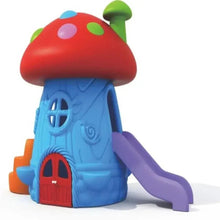 Kids mushroom playhouse toy with blue house, red door, and purple slide