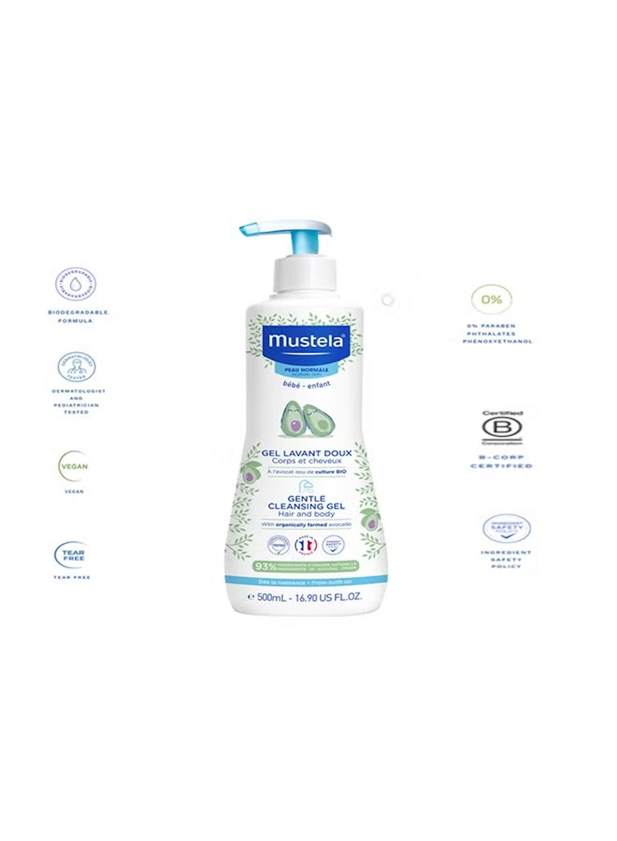 Mustela baby gentle cleansing gel in 500ml bottle with gentle formula for baby skincare