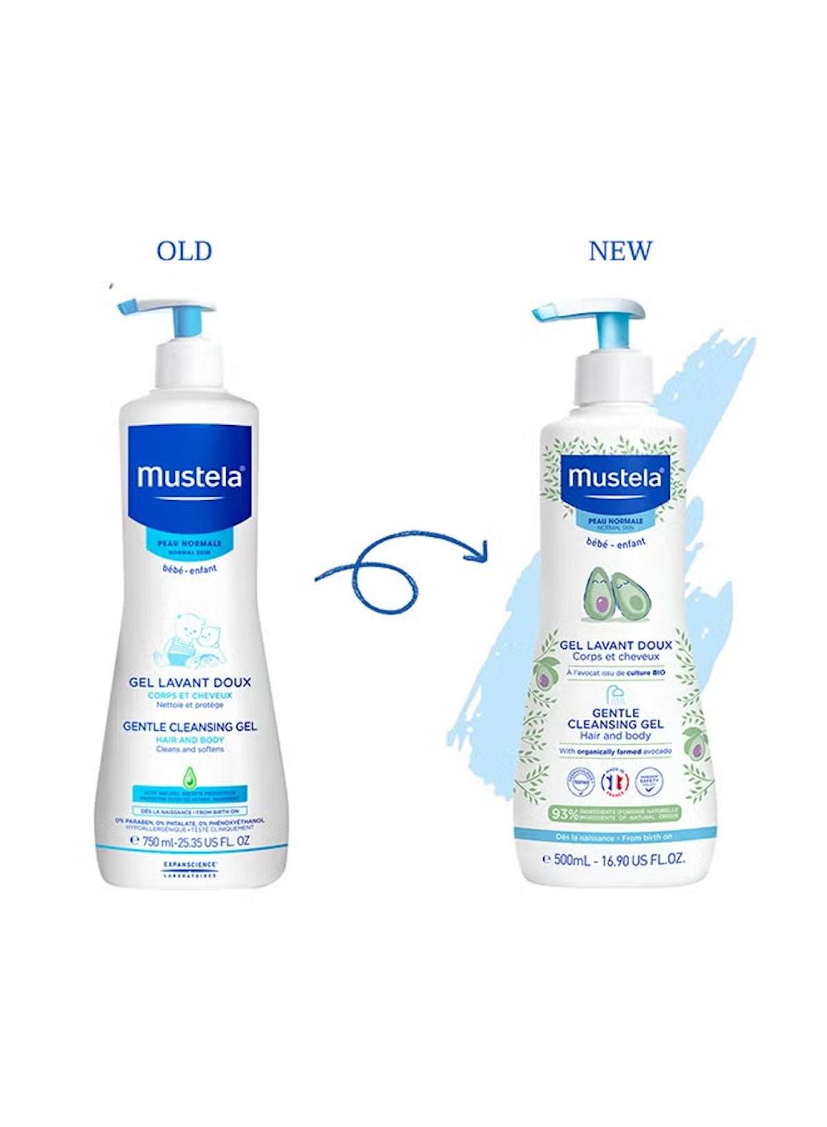 Mustela Baby Gentle Cleansing Gel bottles, showcasing old and new packaging designs