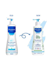 Mustela Baby Gentle Cleansing Gel bottles, showcasing old and new packaging designs