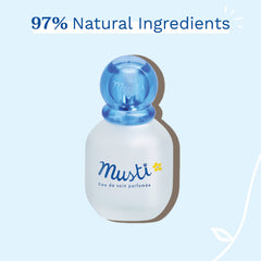 Mustela perfume for babies bottle with 97 percent natural ingredients and blue cap on light blue background