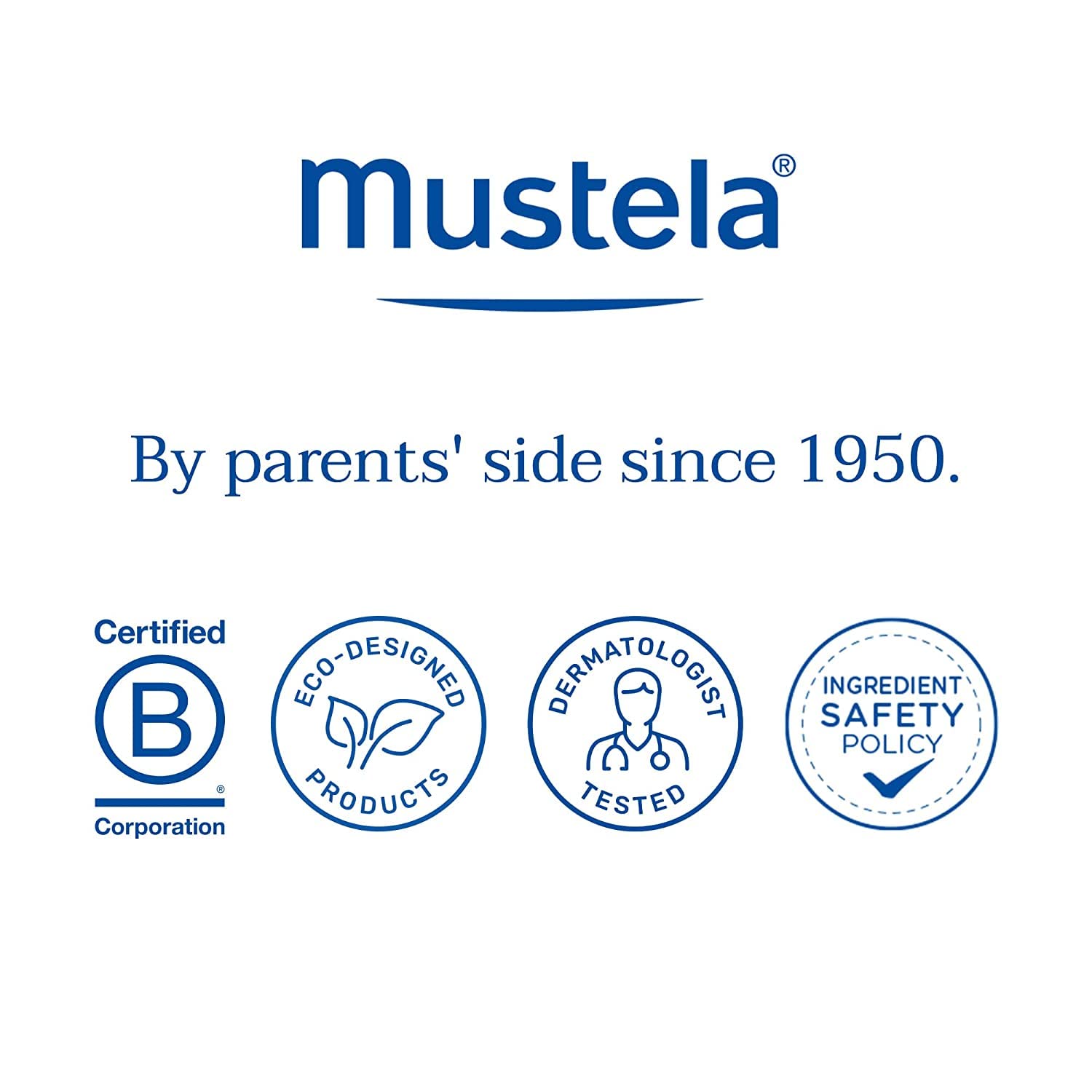Mustela brand logo with certifications and slogan for Mustela perfume for babies