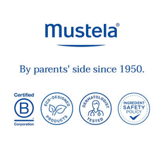 Mustela brand logo with certifications and slogan for Mustela perfume for babies