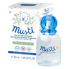 Mustela perfume for babies 50ml bottle with blue cap and white floral packaging