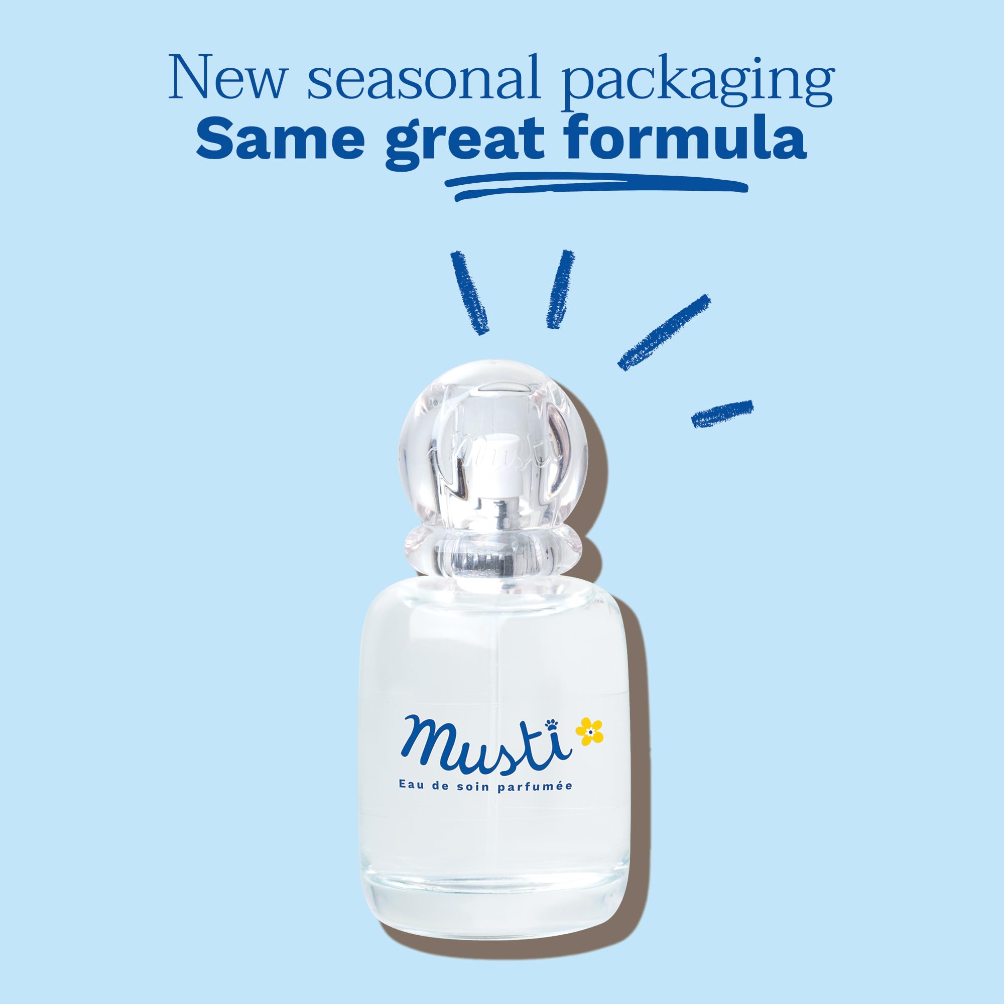 Mustela perfume for babies in clear bottle with new seasonal packaging on blue background