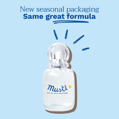 Mustela perfume for babies in clear bottle with new seasonal packaging on blue background