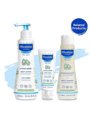 Mustela baby gentle cleansing gel alongside baby body lotion and shampoo for soft skin care