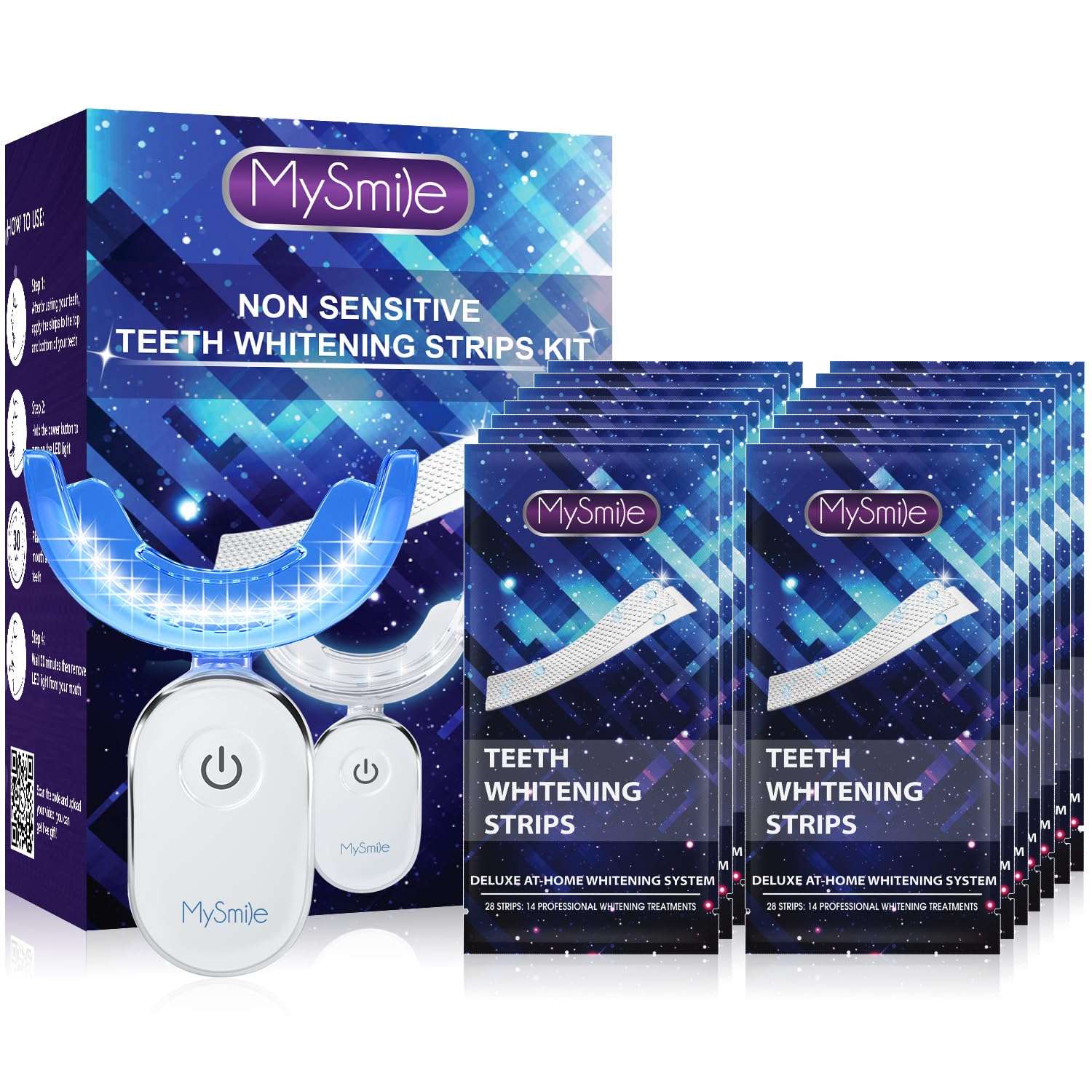MySmile non sensitive LED teeth whitening strips kit with mouth tray and multiple strip packets teeth whitening kit UAE