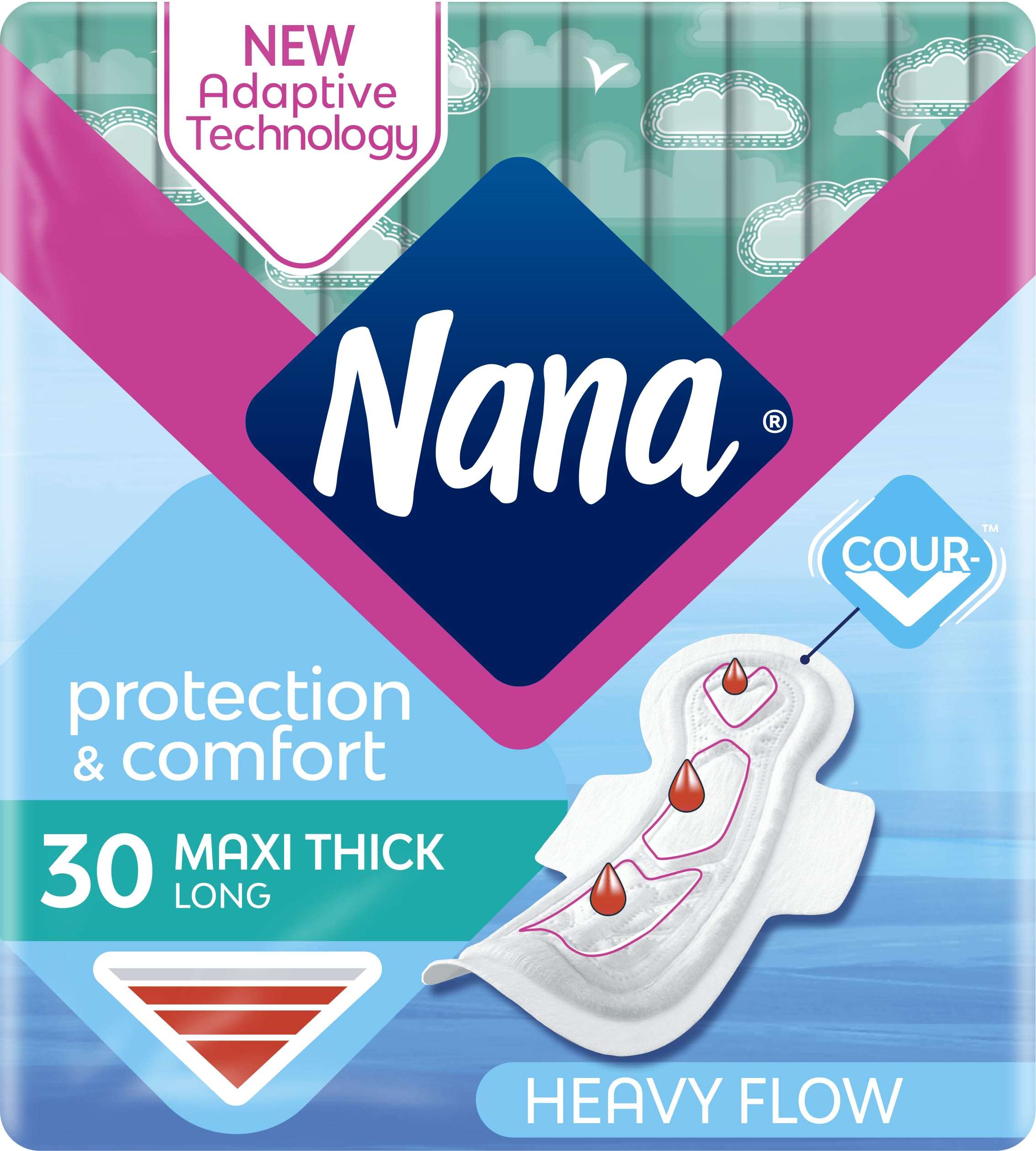 Nana maxi super wings 30pcs sanitary pads heavy flow maxi thick long pack with adaptive technology