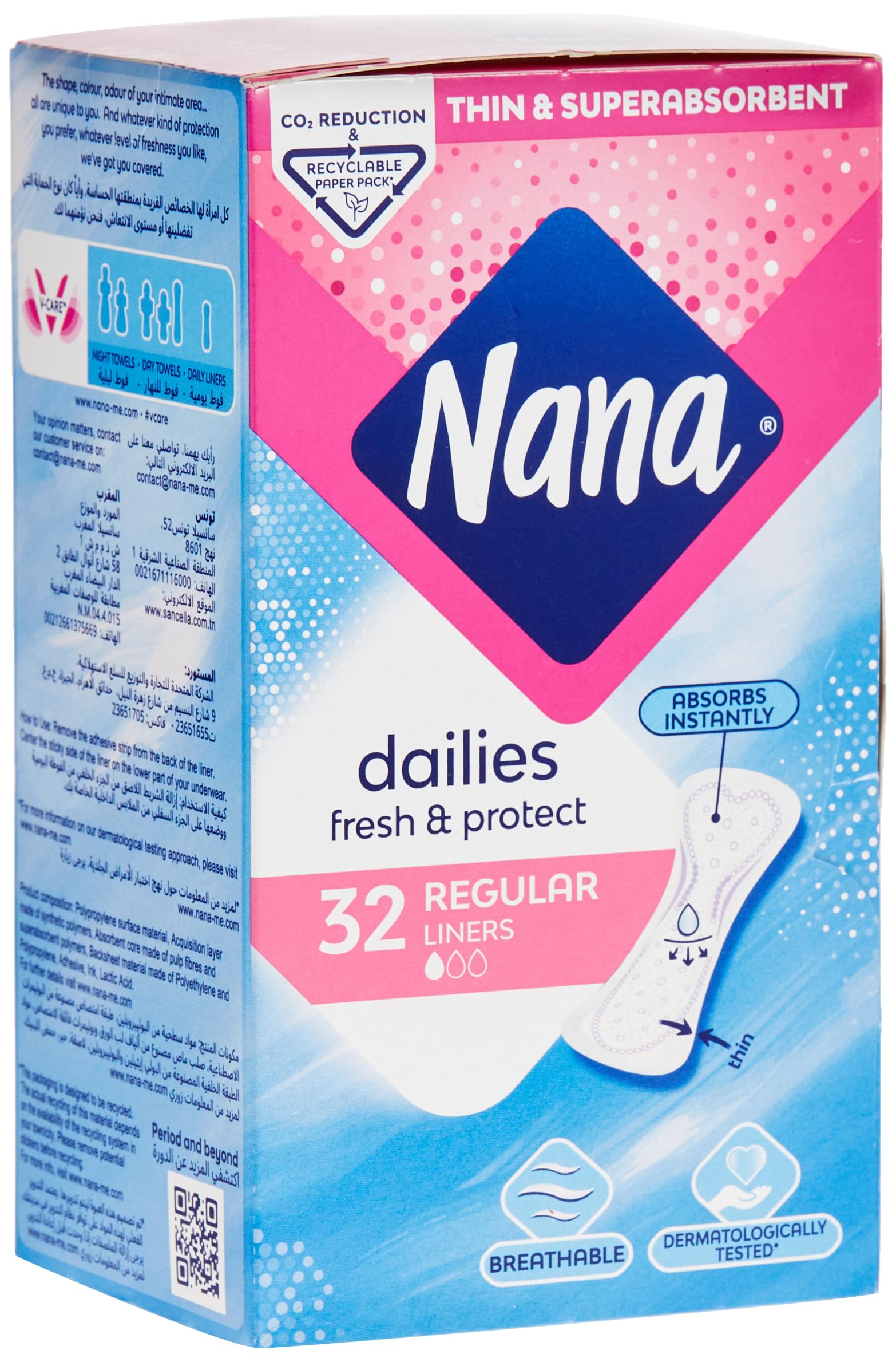 Box of Nana panty liners breathable 32 count dailies fresh and protect regular thin superabsorbent liners