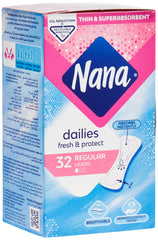 Box of Nana panty liners breathable 32 count dailies fresh and protect regular thin superabsorbent liners