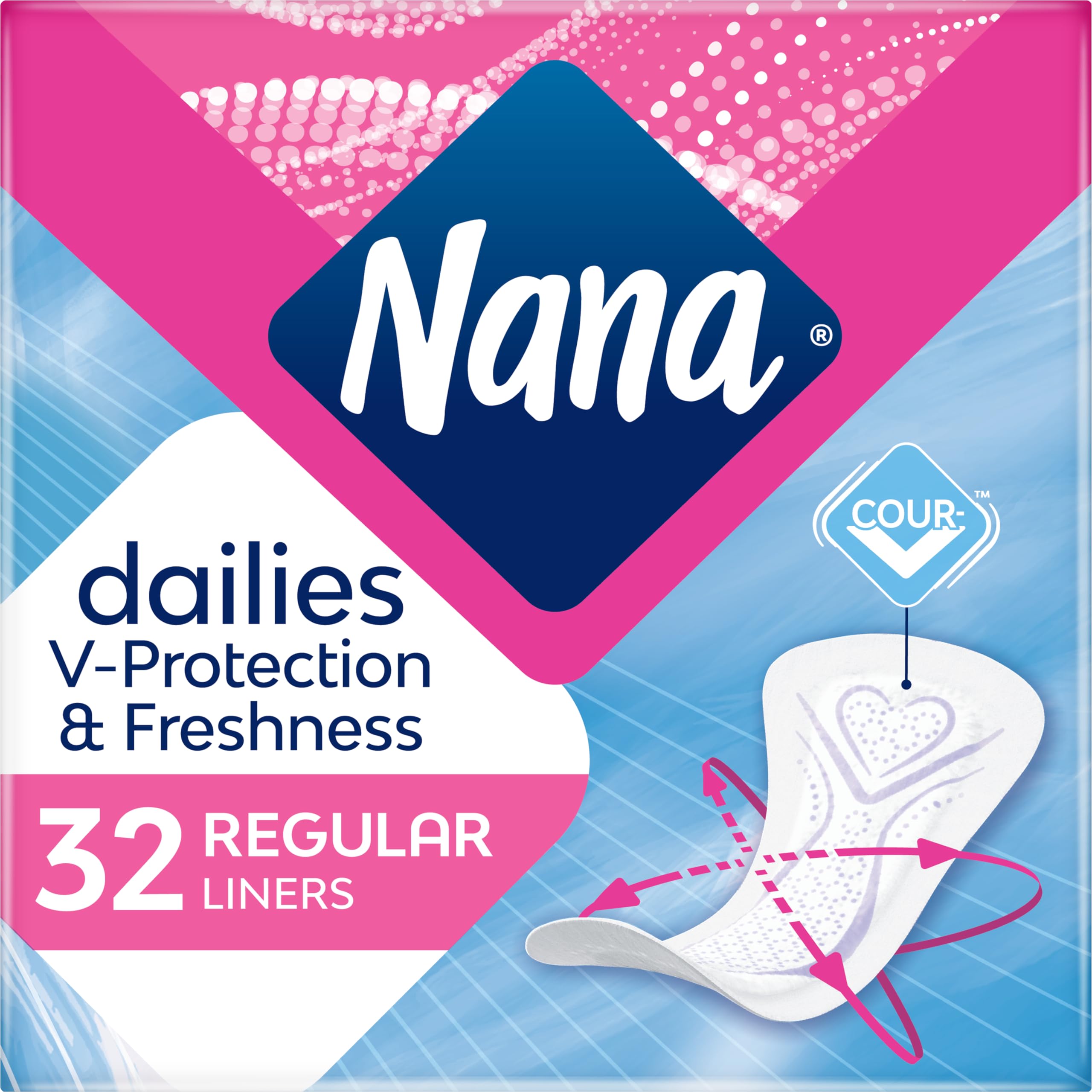 Nana panty liners breathable 32 count package showing dailies V Protection and Freshness 32 regular liners
