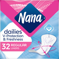Nana panty liners breathable 32 count package showing dailies V Protection and Freshness 32 regular liners