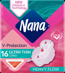 Nana ultra thin sanitary pads heavy flow 16 count long V Protection pink retail pack