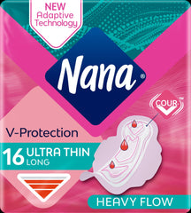 Nana ultra thin sanitary pads heavy flow 16 count long V Protection pink retail pack