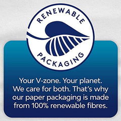 Nana ultra thin sanitary pads renewable packaging badge stating paper packaging made from 100 percent renewable fibers