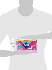 Pack of Nana ultra thin sanitary pads in pink packaging displayed against silhouette with size reference