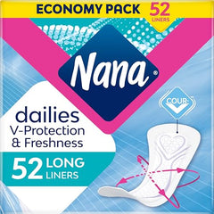 Nana dailies V Protection 52 long liners economy pack with single liner image super absorbent panty liners