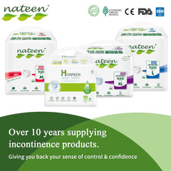 Nateen adult diapers pants UAE package lineup showing multiple sizes and branding with incontinence care messaging
