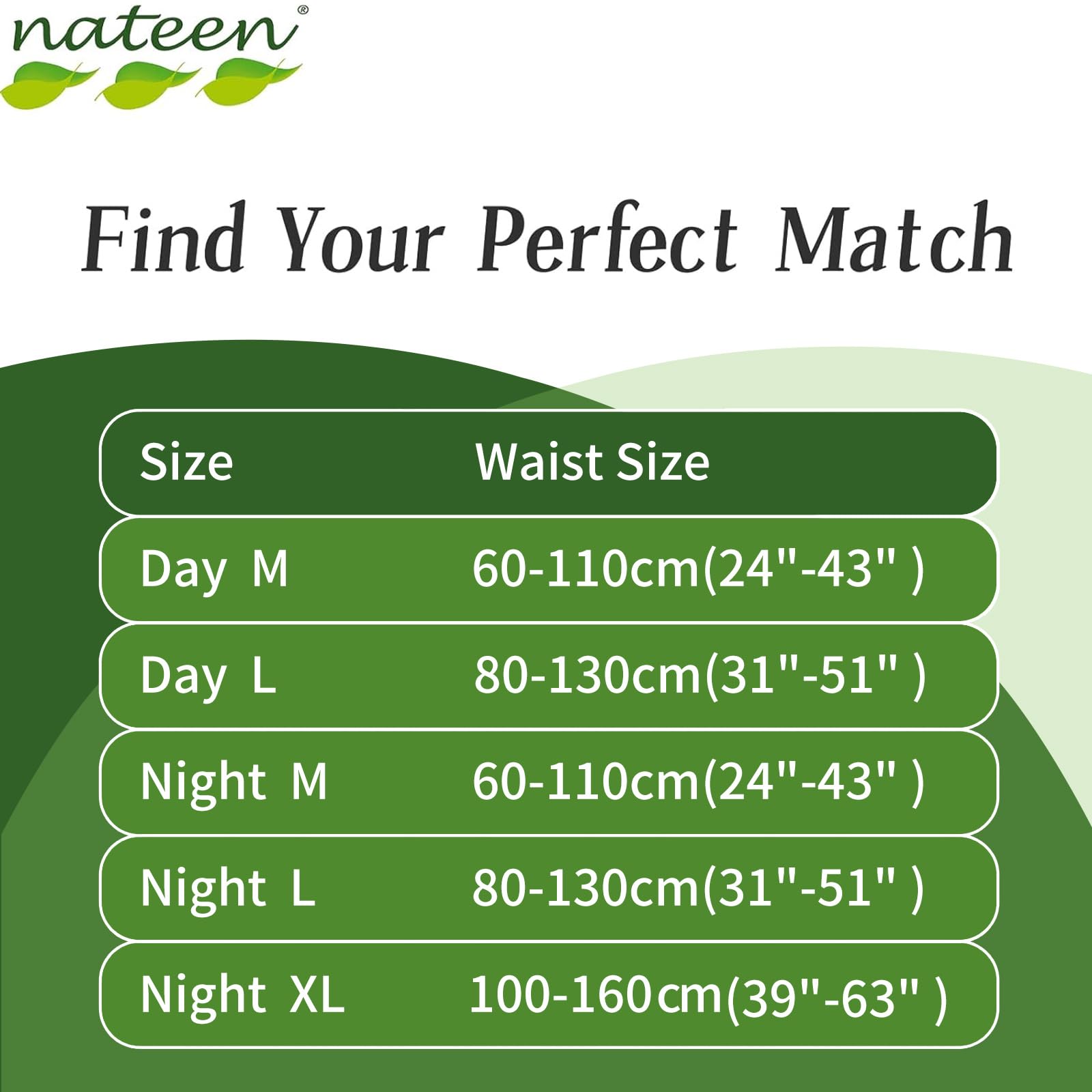 Nateen size chart for adult diapers pants UAE showing Day M L and Night M L XL waist ranges 60 to 160cm