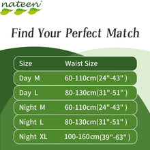 Adult diaper pants size chart showing waist sizes for Day L and Night L