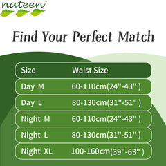 Nateen size chart for adult diapers pants UAE showing Day M L and Night M L XL waist ranges 60 to 160cm