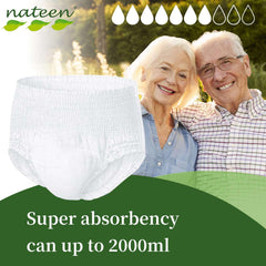 Nateen white pull up adult diapers pants UAE with super absorbency 2000ml shown with smiling elderly couple