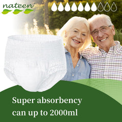 Nateen white pull up adult diapers pants UAE with super absorbency 2000ml shown with smiling elderly couple