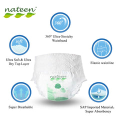 Nateen white disposable period pants for women with 360 degree stretchy waistband and super absorbent core