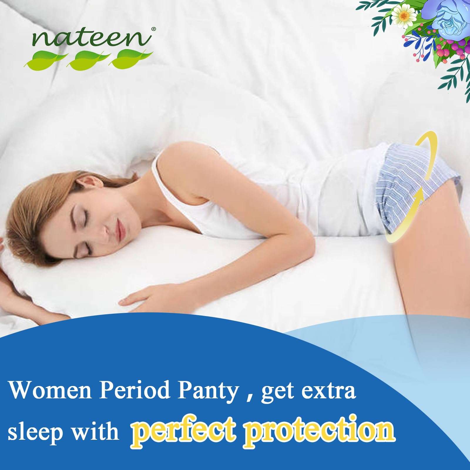 Nateen disposable period pants for women model sleeping on bed wearing blue striped period panty