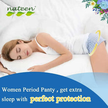Nateen disposable period pants on sleeping woman, white pull-up with green mark