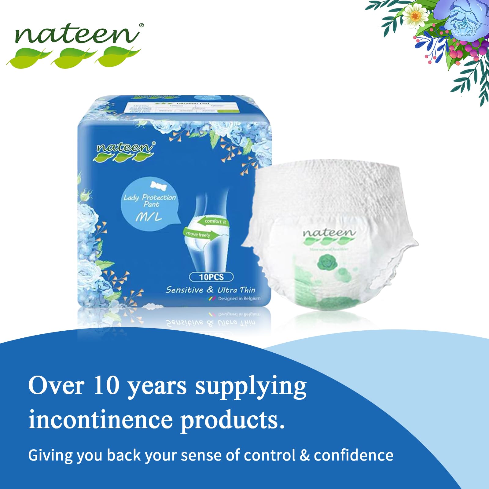 Nateen disposable period pants for women pack showing blue 10 count box and single white ultra thin pull up pant