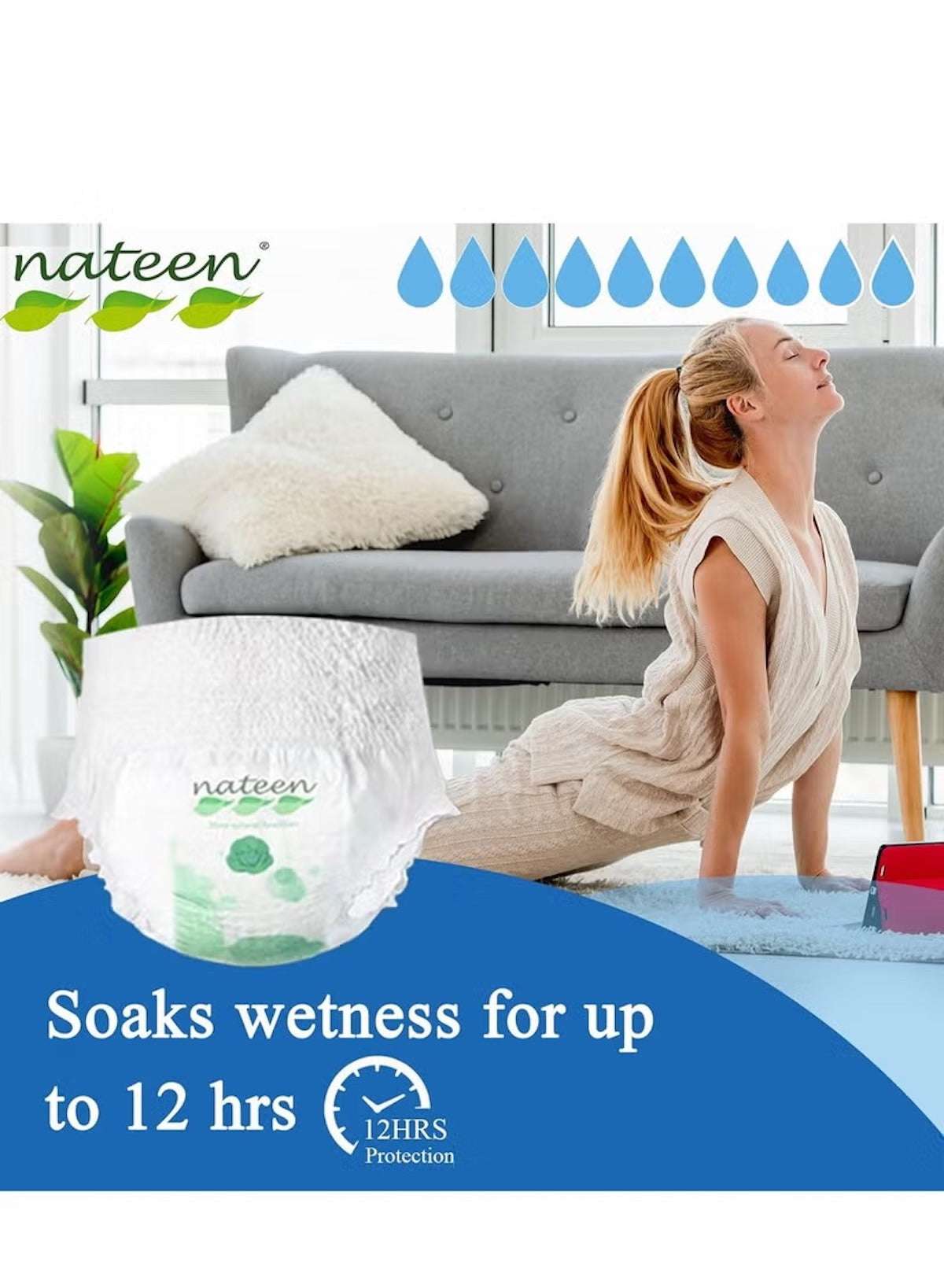 Nateen disposable period pants for women providing 12 hours of wetness protection and comfort
