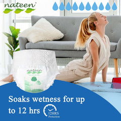 Nateen disposable period pants for women showing absorbent pad front and relaxed woman stretching at home with 12 hour protection