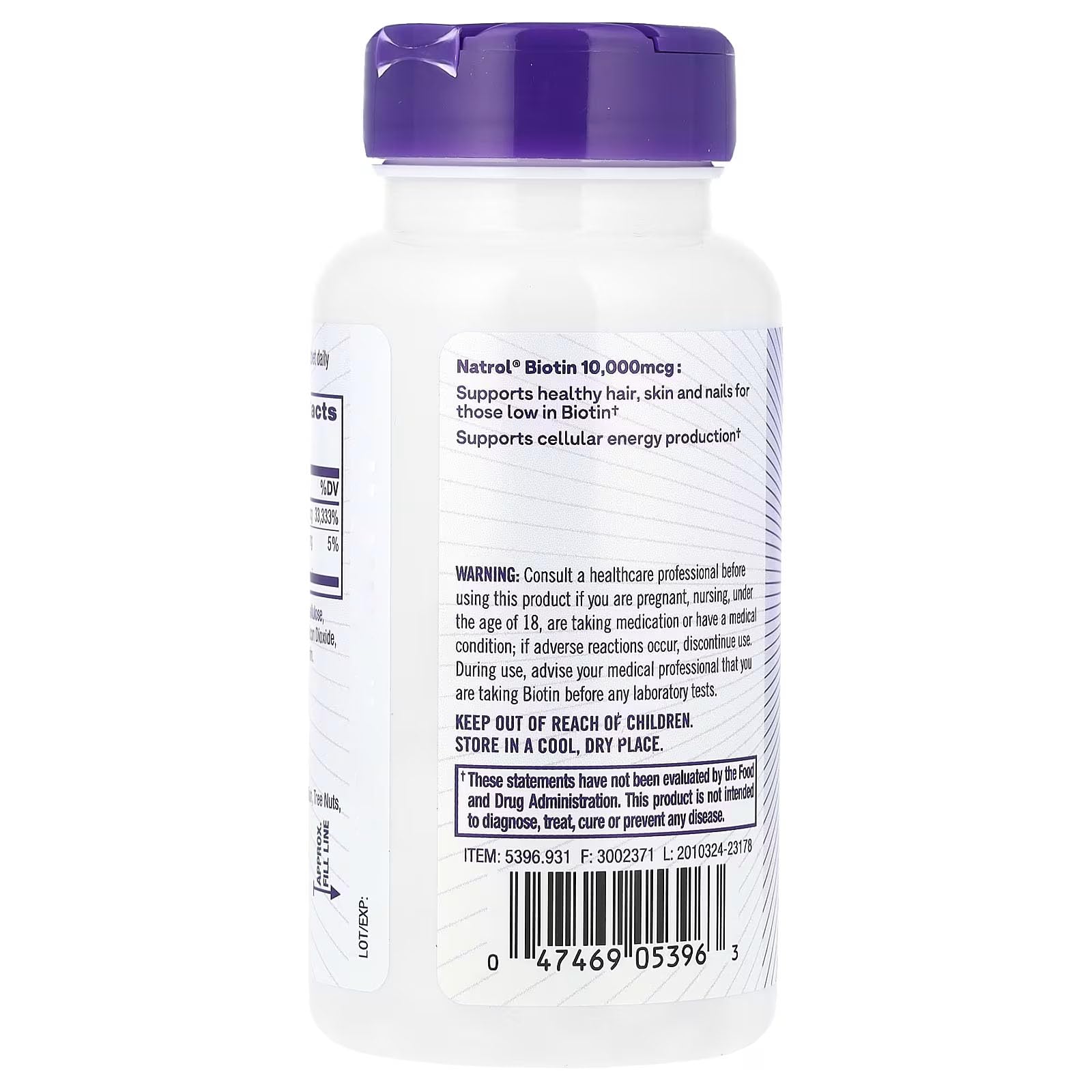 Natrol Biotin 10000 mcg tablets in a white bottle with a purple cap for healthy hair, skin, and nails