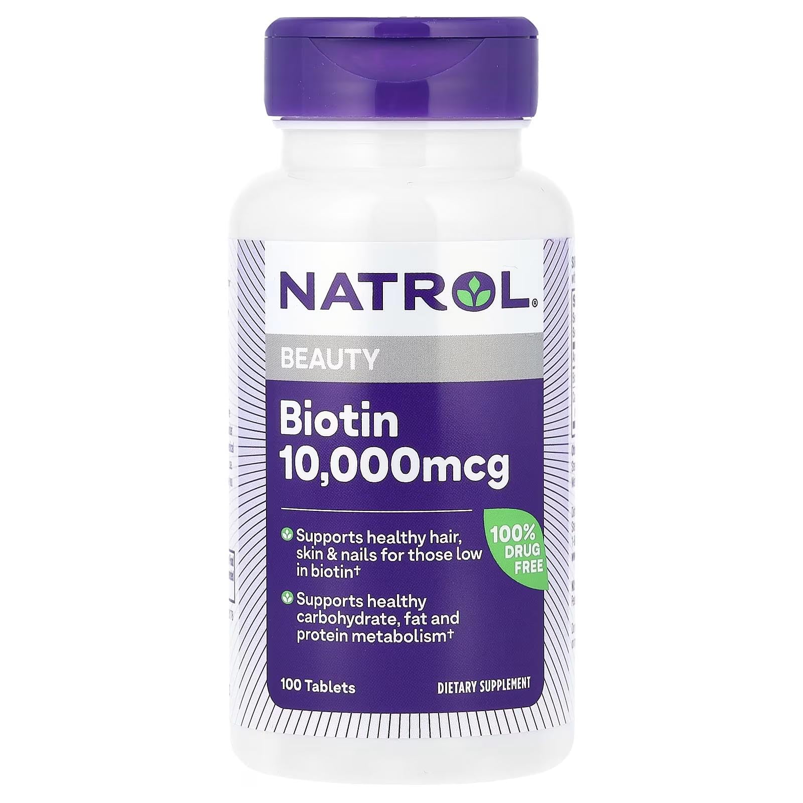 Natrol Biotin 10000 mcg tablets in a bottle, promoting healthy hair, skin, and nails