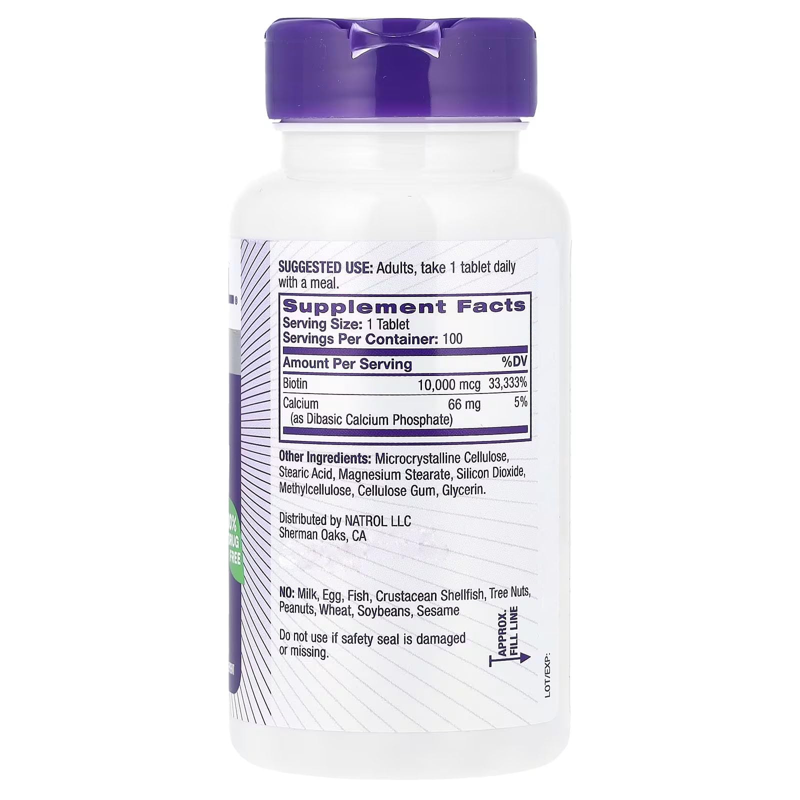 Natrol Biotin 10000 mcg tablets in a bottle with nutrition facts and serving details