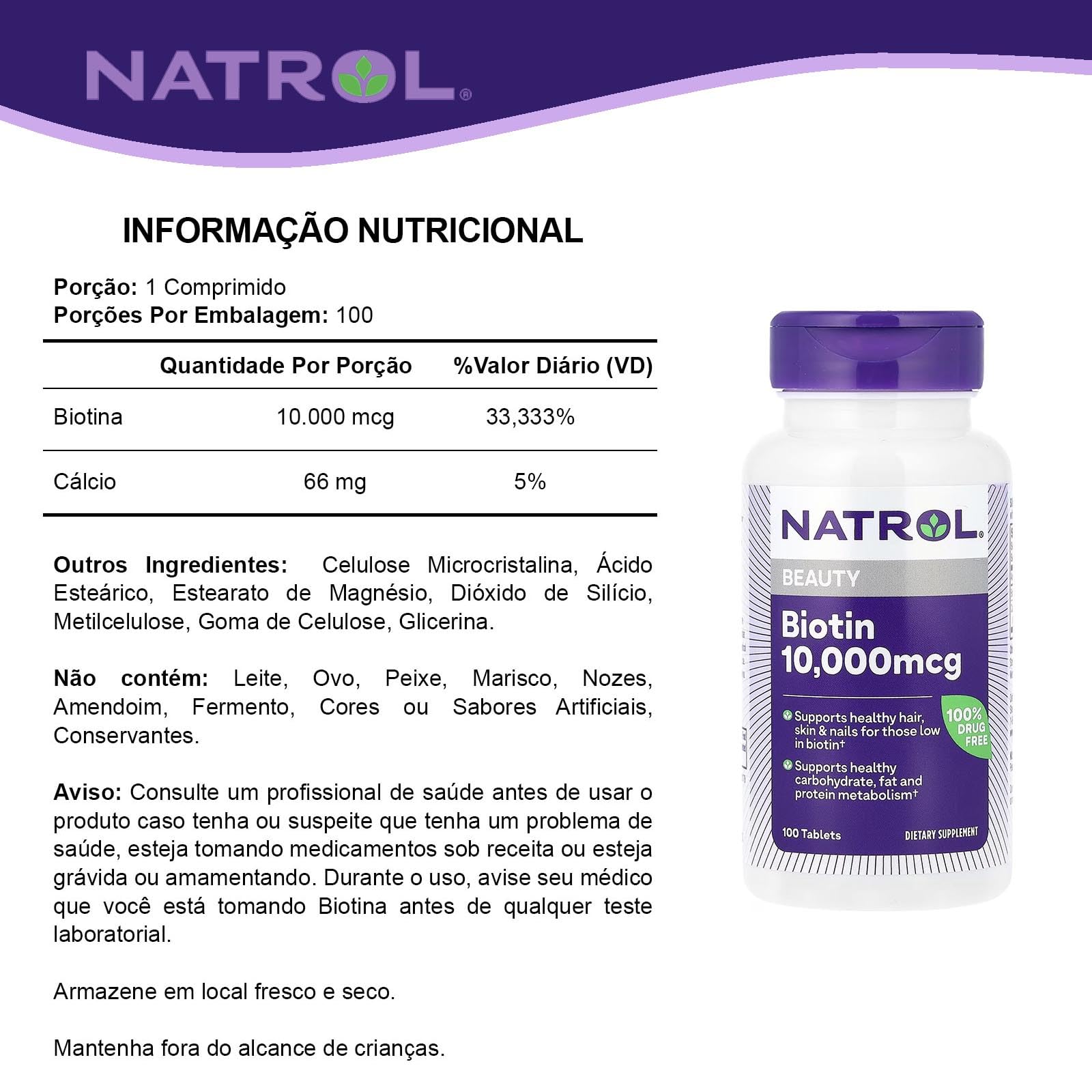 Natrol Biotin 10000 mcg tablets bottle with nutritional information for healthy hair and skin