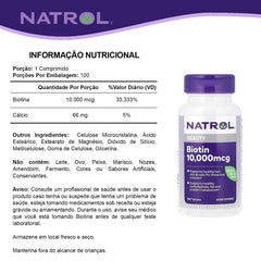 Natrol Biotin 10000 mcg tablets bottle with nutritional information for healthy hair and skin