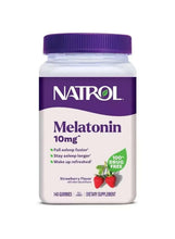 Natrol Melatonin 10mg strawberry flavor gummy bottle with purple cap, 140 gummies
