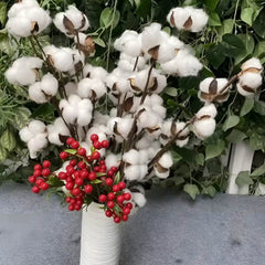 Huitich artificial flowers featuring natural cotton branch decor with white cotton bolls and red berries in a white vase
