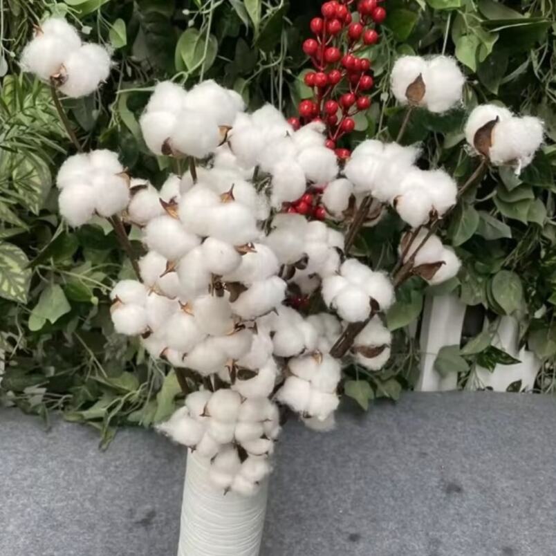 Huitich artificial natural cotton branch decor with white cotton balls and brown stems in a white vase
