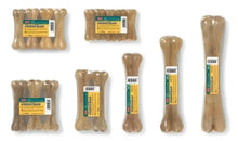 Assorted natural chew bone pieces, tan, various cuts with barcode labels