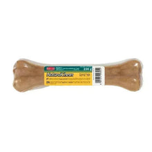 Natural chew bone for pets, tan bone with label and barcode, 1 piece