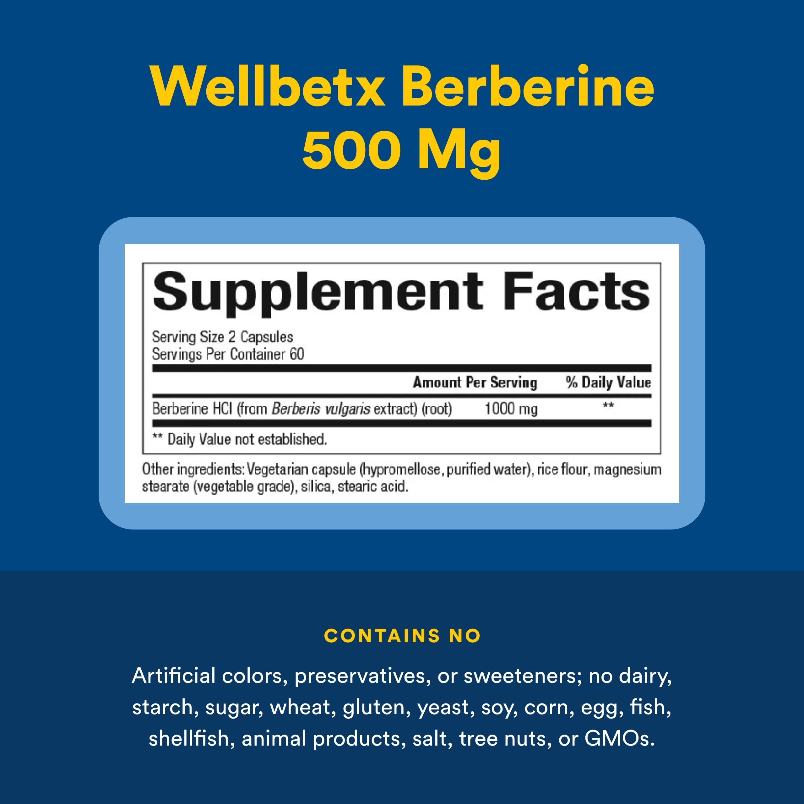 Wellbetx Berberine 500 Mg supplement facts label for berberine supplement for metabolic health