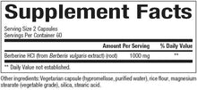 Supplement Facts panel: 2 capsules serving, Berberine HCl 1000 mg